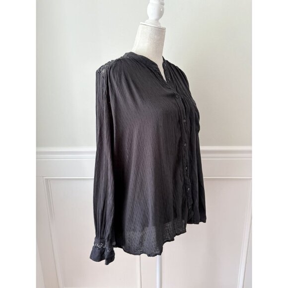 Free People Black Crochet Lace Back Oversized Button Down Blouse L - Picture 2 of 7